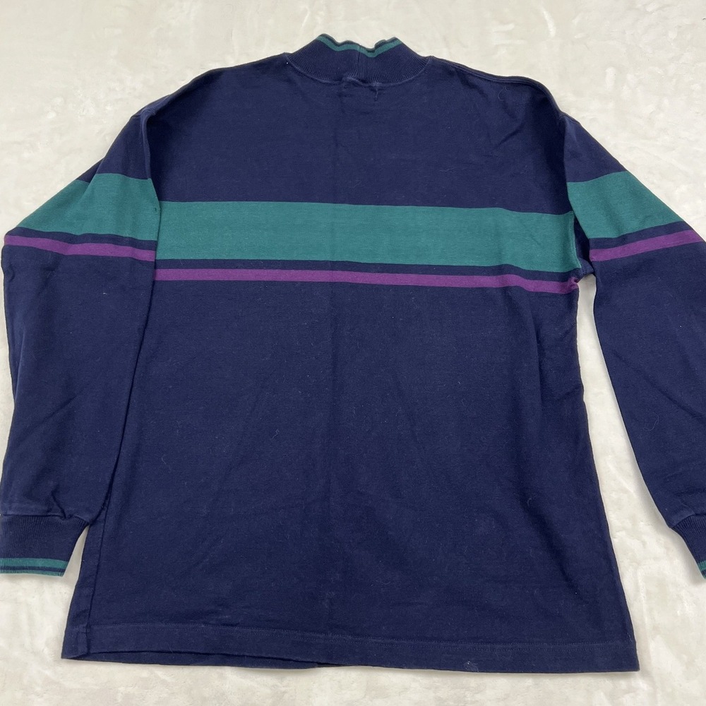 L.L. Bean Mock Neck Shirt Mens L Navy Blue Striped Long Sleeve Vintage USA - Picture 5 of 8
